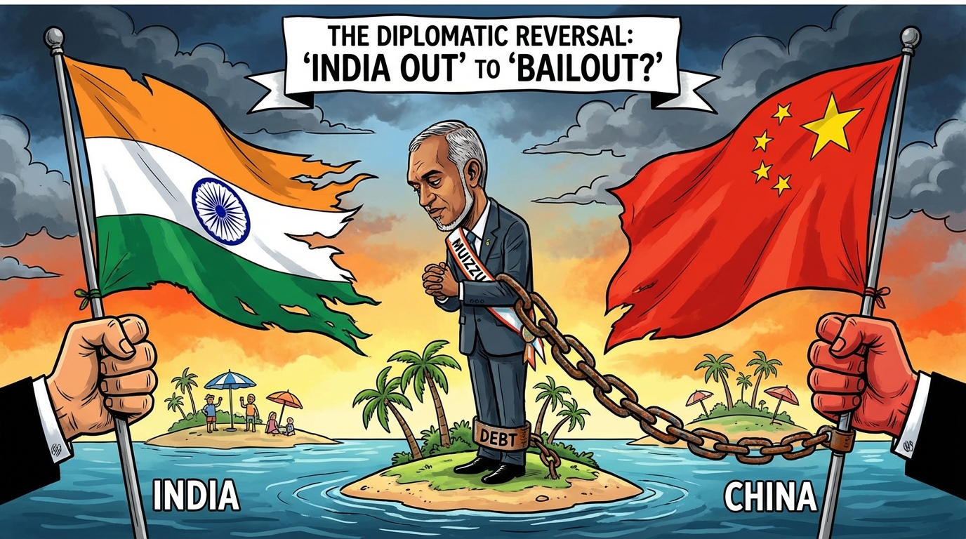 Maldives President Muizzu looking down, India flag in background