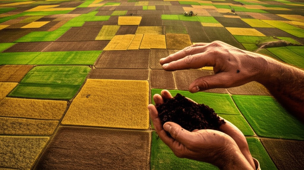 Split image showing lush organic farm on one side and vast conventional farmland on the other, with India's 140 million hectares in context