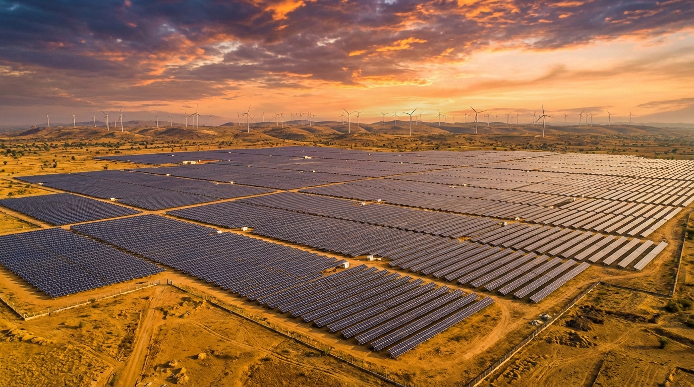Aerial view of solar panel array with wind turbines in the background representing India's renewable energy transition