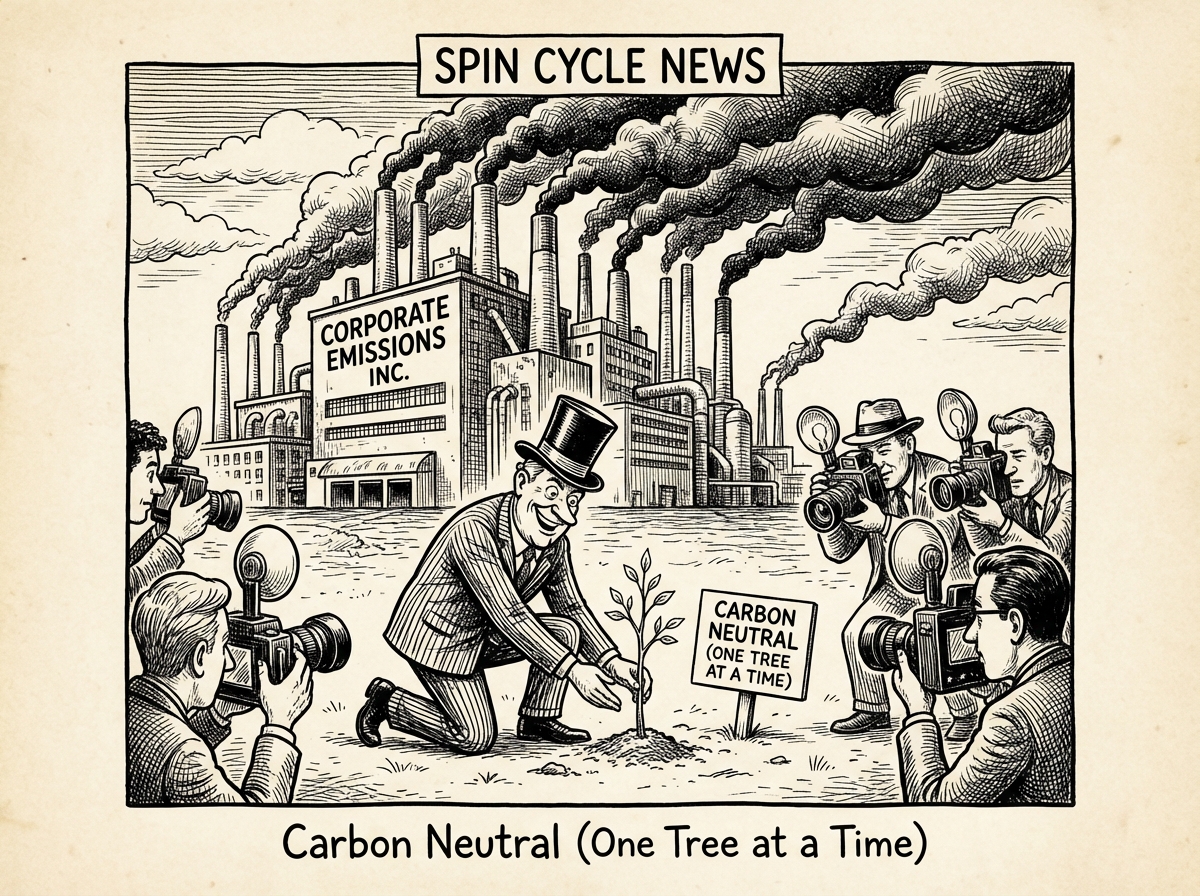 Editorial cartoon of executive planting tiny tree in front of massive polluting factory
