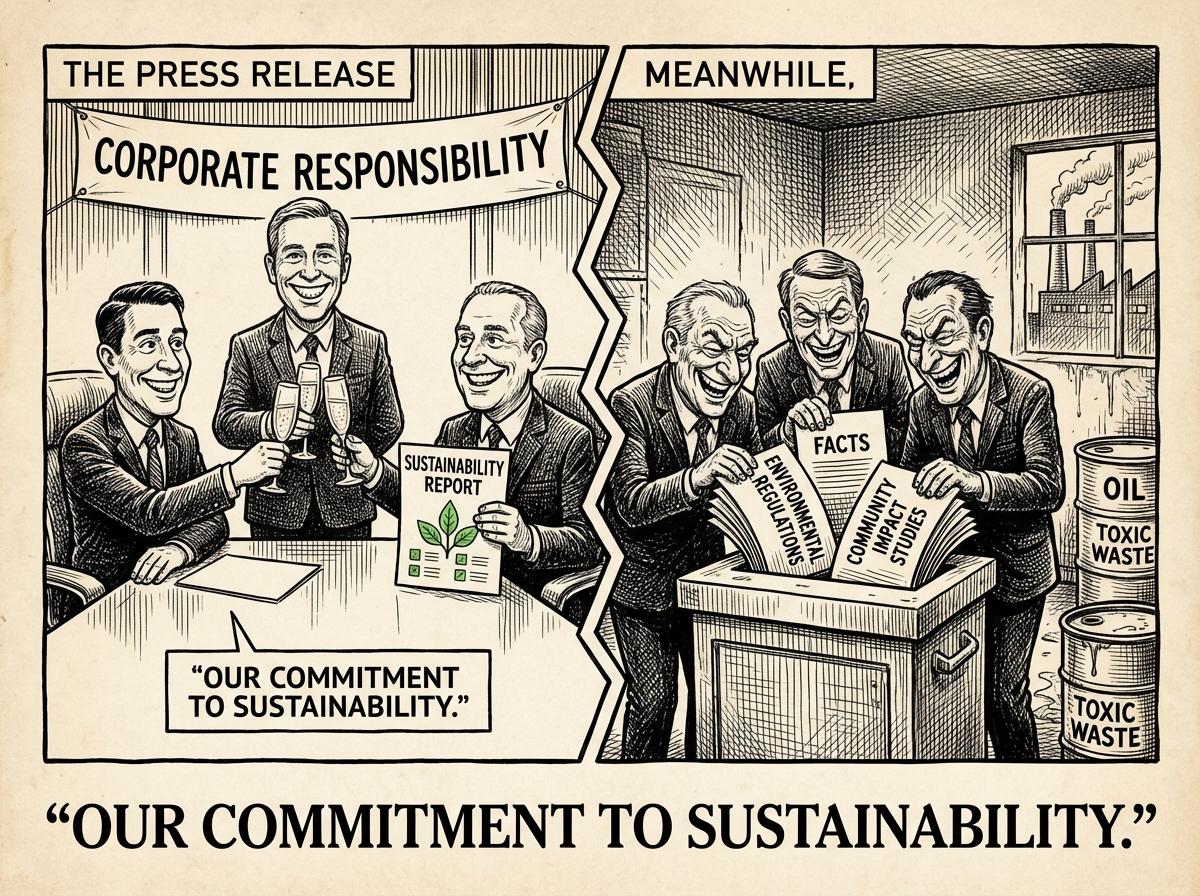 Split panel cartoon showing corporate PR announcement versus executives shredding environmental documents