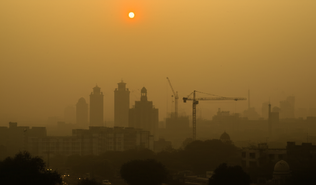 Delhi cityscape engulfed in thick yellowish-brown industrial smog at dawn, with buildings barely visible through the haze