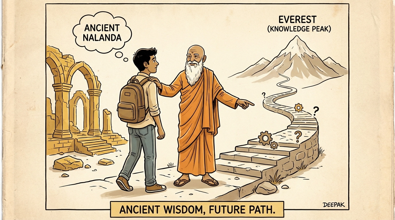 The Higher Path: A student at the crossroads, guided by wisdom toward greater heights