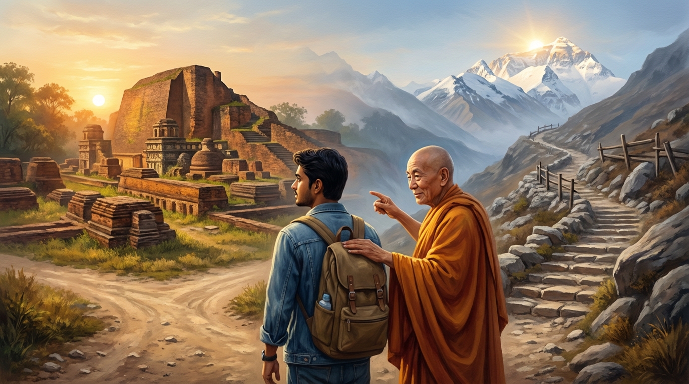 A young Indian student at a crossroads with a saffron-robed monk pointing toward a mountain path leading to Everest, with ancient Nalanda ruins glowing in the sunset behind them