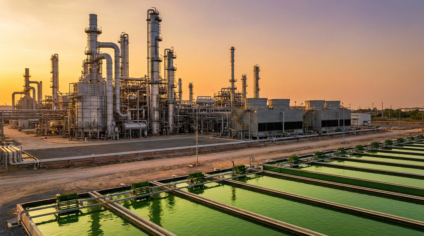 Industrial refinery with green algae cultivation ponds representing the blend of traditional energy infrastructure with sustainable biofuel production