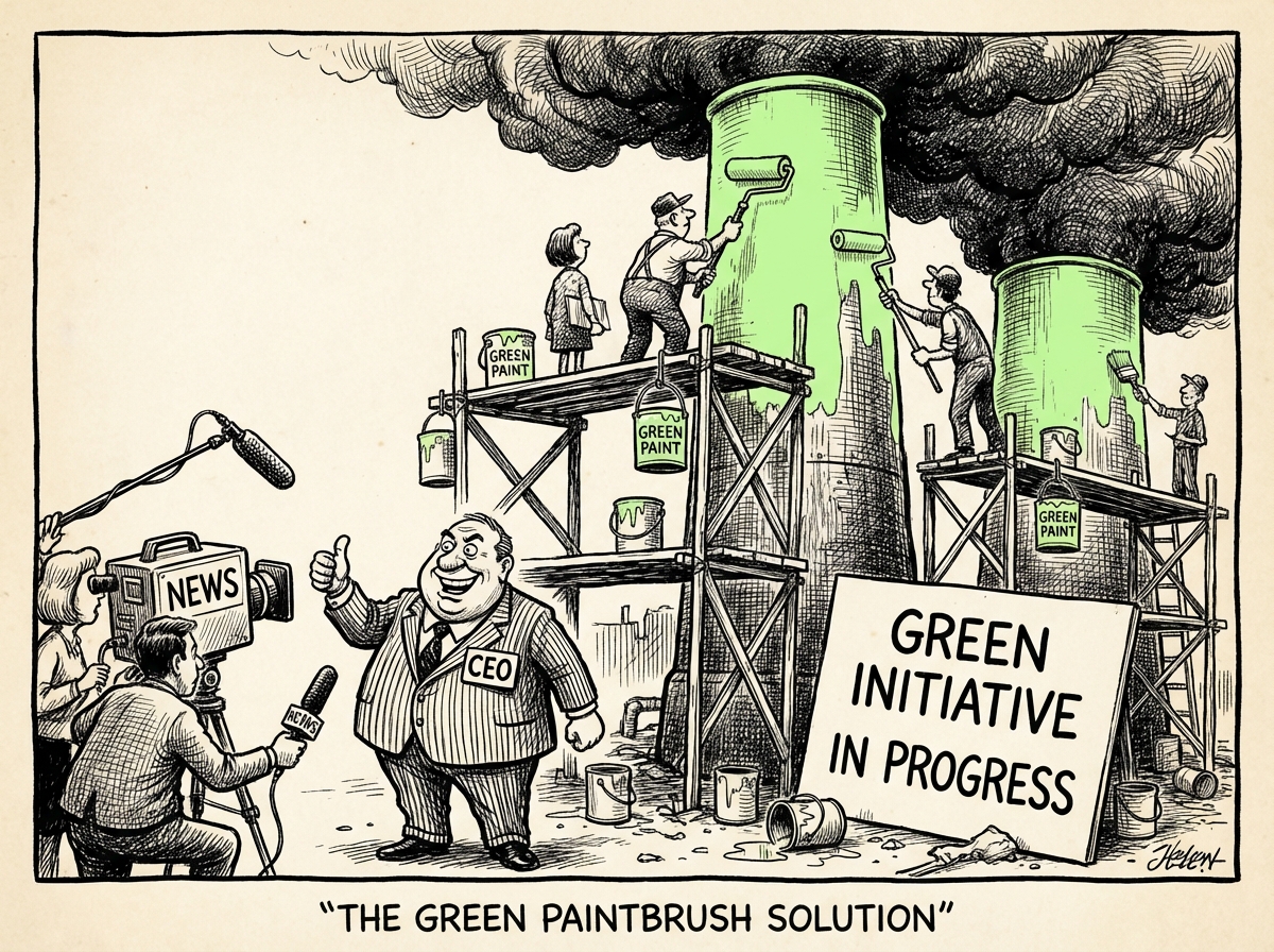 Editorial cartoon of workers painting industrial smokestacks green while black smoke billows