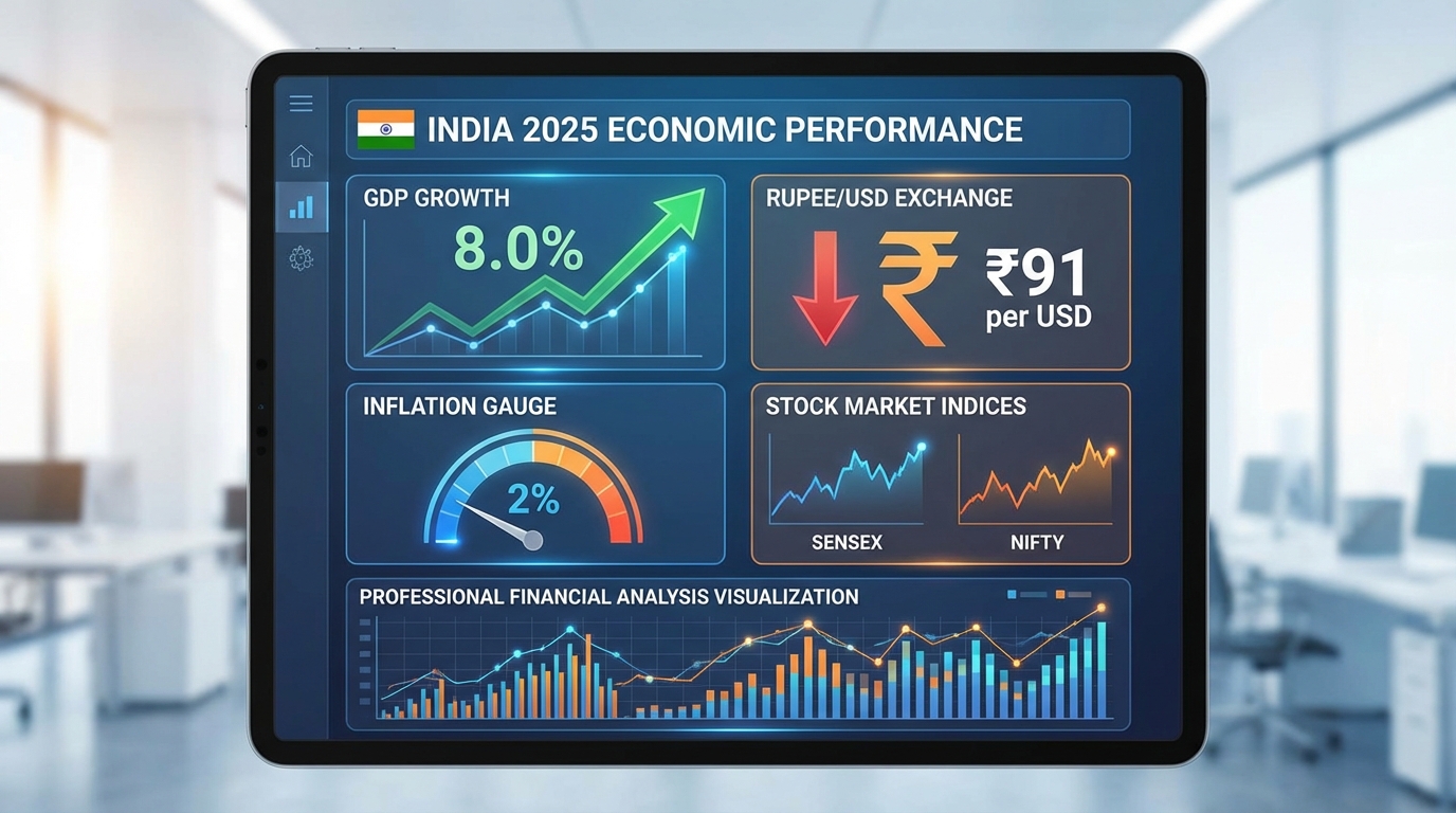 Economic indicators showing India's mixed 2025 performance with growth charts and currency symbols