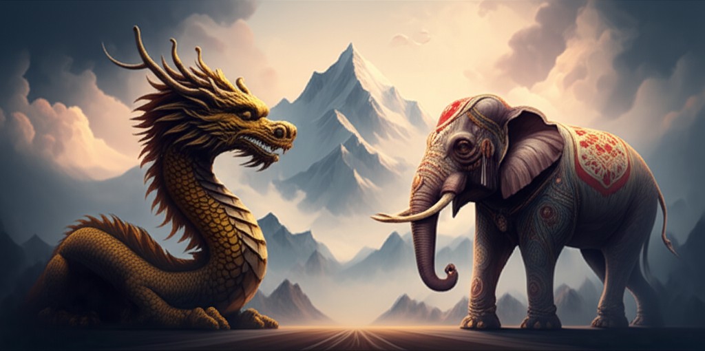 Dragon and Elephant facing each other across Himalayan mountains - symbolic representation of India-China relations