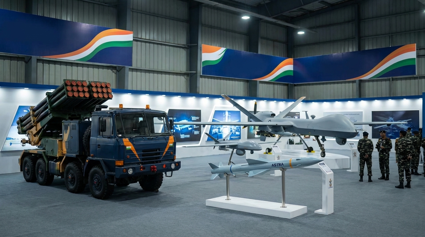 Indian military equipment including missiles and aircraft representing defence modernization