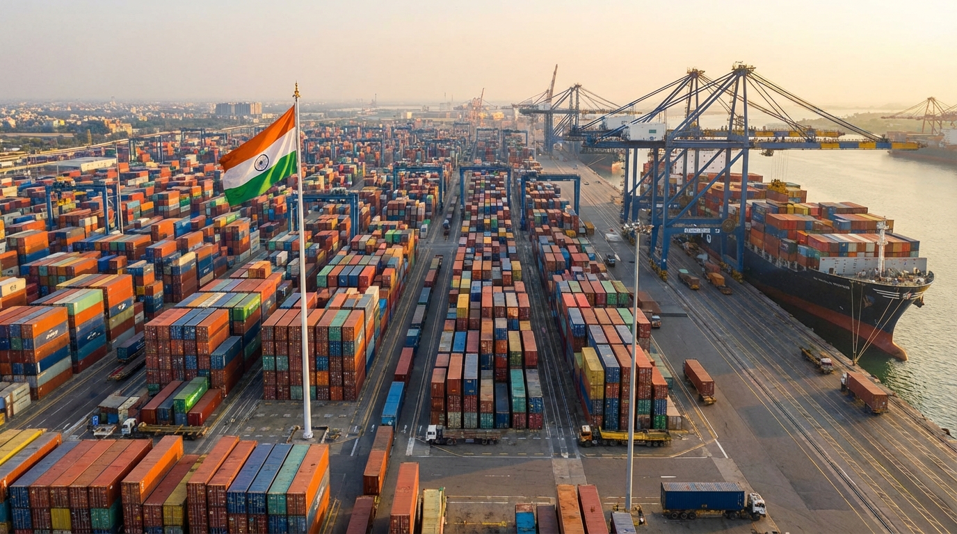 Container ships at an Indian port with cargo cranes and the Indian flag, symbolizing India's growing trade relationships