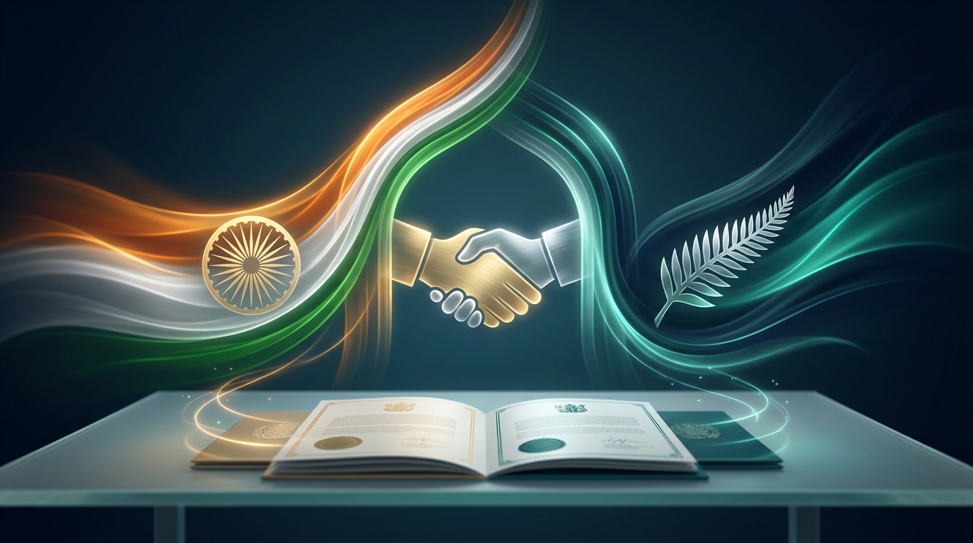 India and New Zealand flags representing the historic FTA announcement
