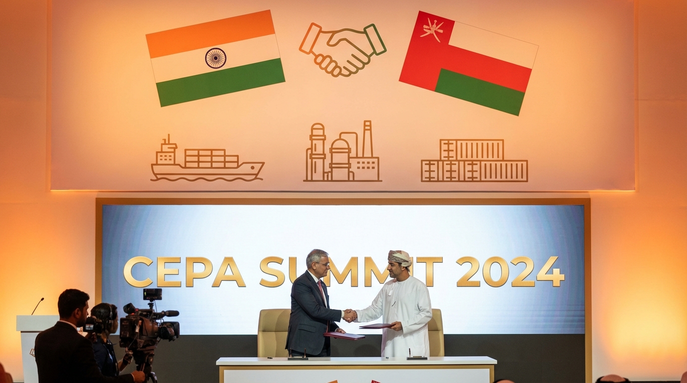 Indian and Omani flags with trade symbols representing the CEPA agreement