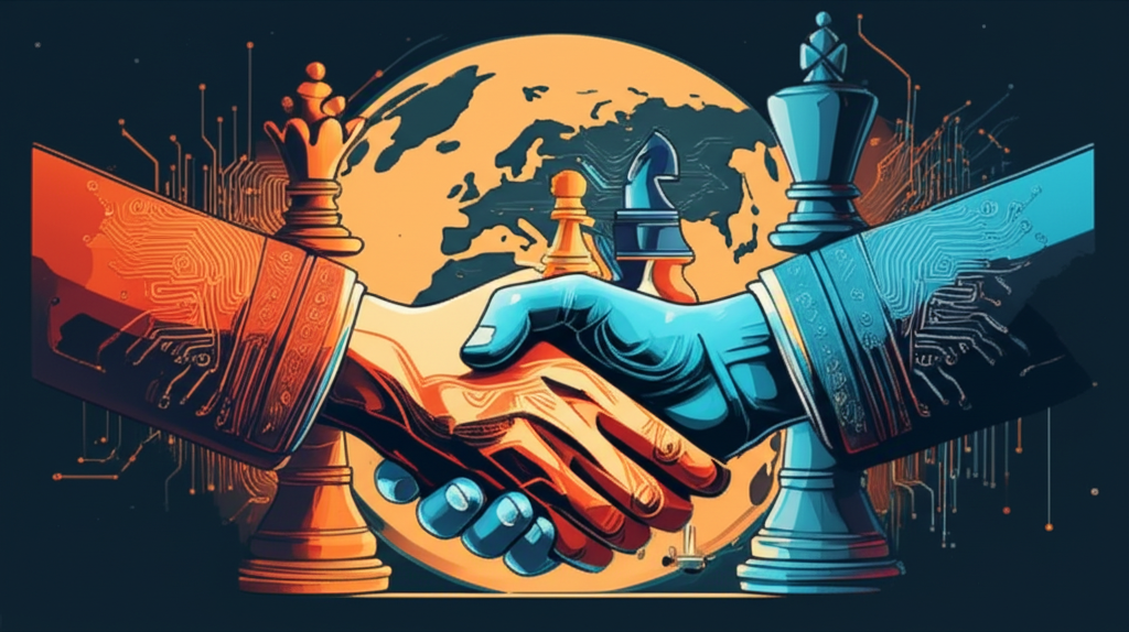 India and Russia strategic partnership - two civilizations joining hands symbolized by a handshake with chess pieces and technology elements