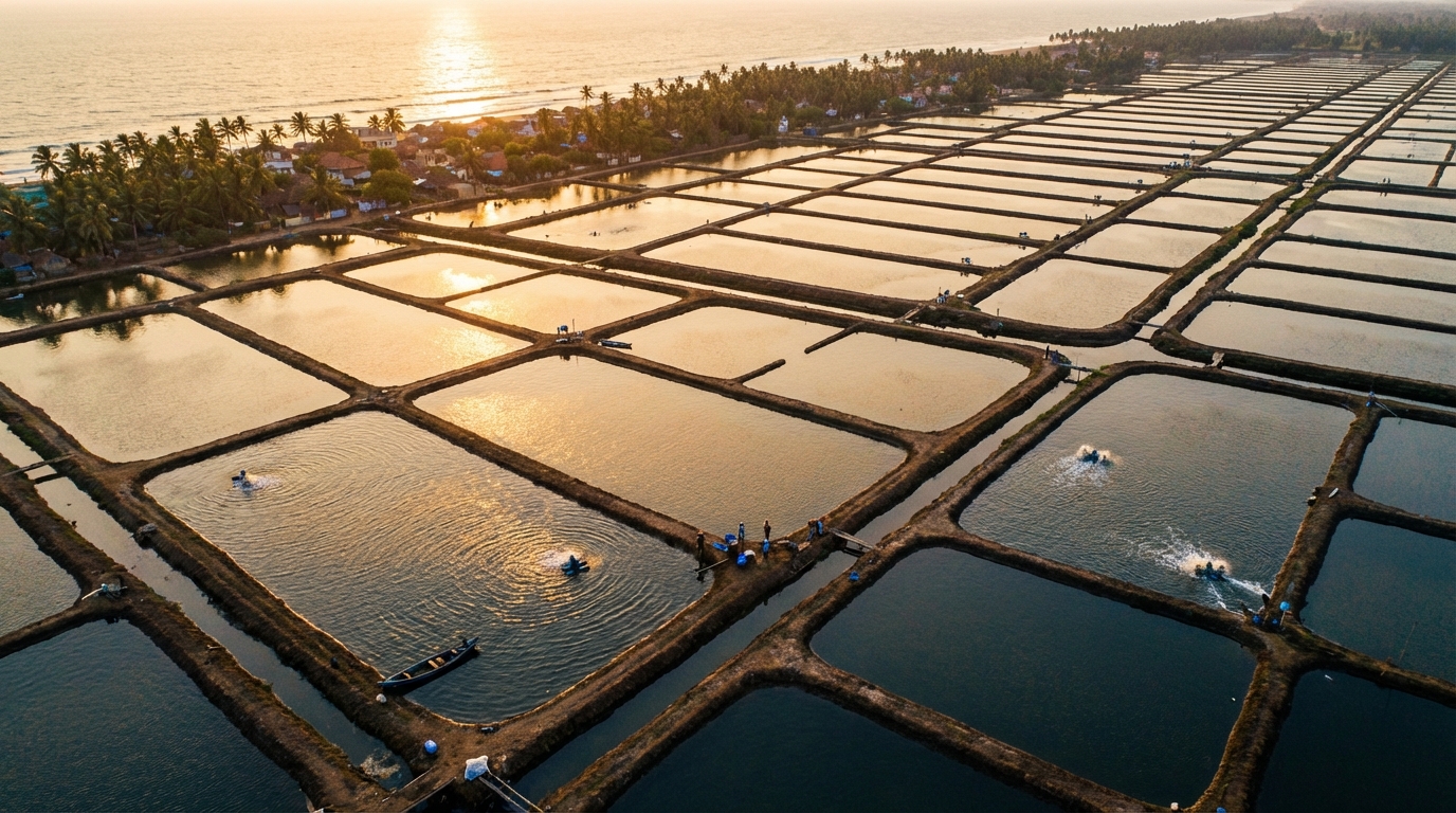 Shrimp farming ponds in coastal India with workers harvesting