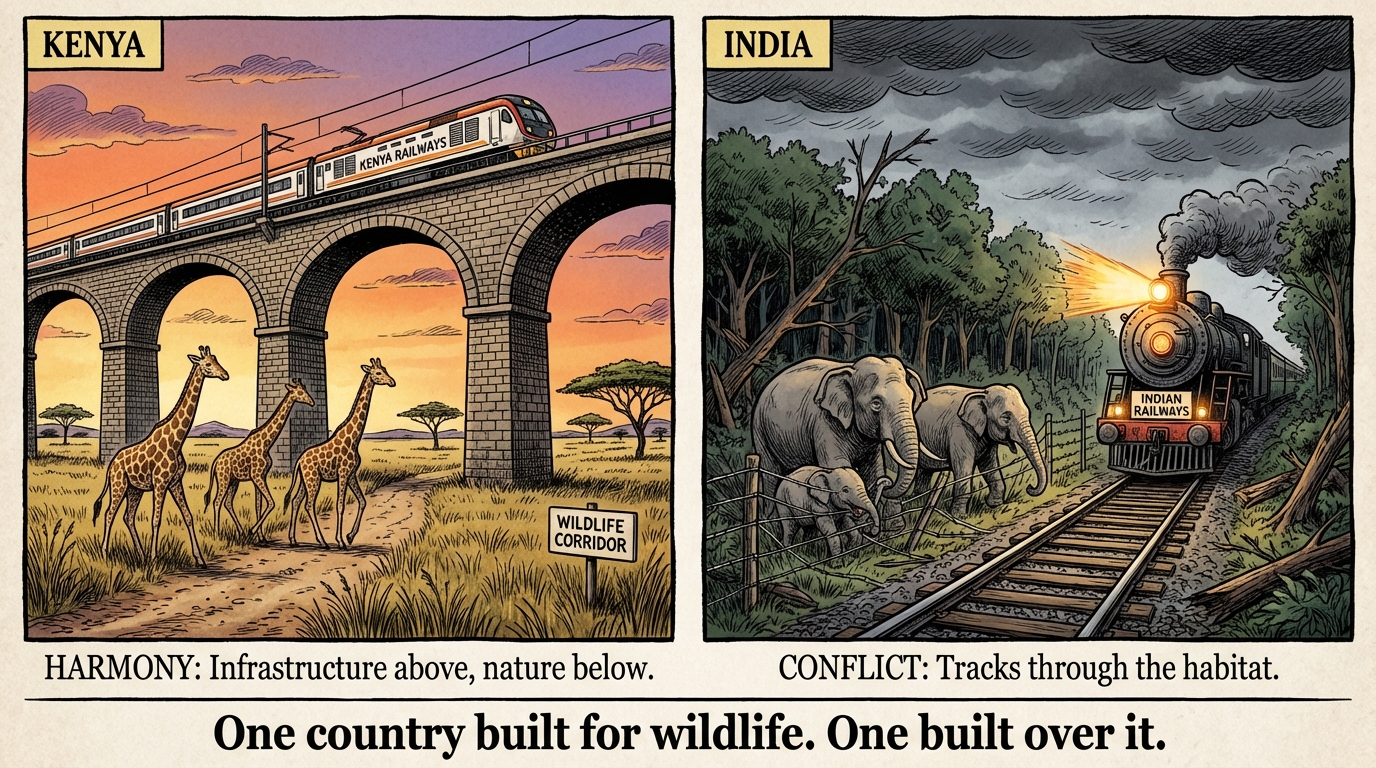 Split image contrasting Kenya's elevated railway with wildlife crossing underneath versus Indian train tracks cutting through forest