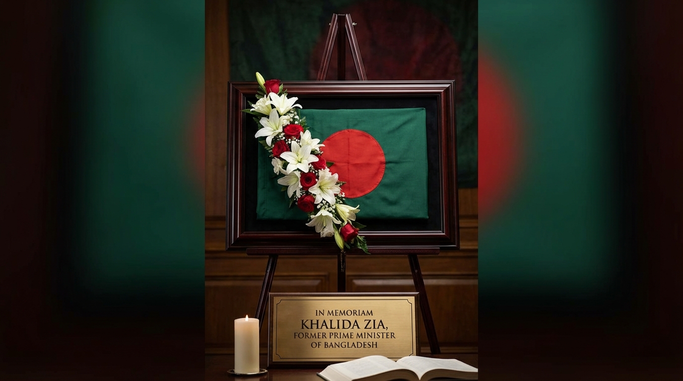 Memorial tribute image for Khalida Zia with Bangladesh flag elements