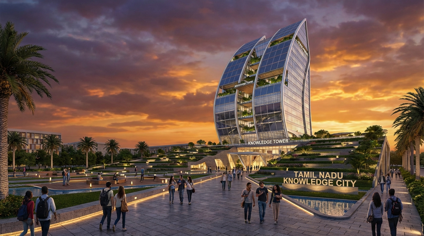 Futuristic education campus with modern glass buildings and green spaces