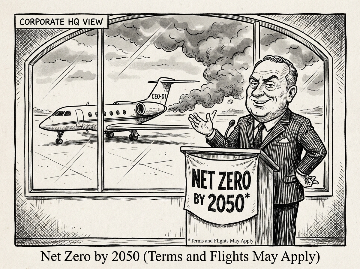 Editorial cartoon of CEO announcing Net Zero by 2050 with private jet visible through window