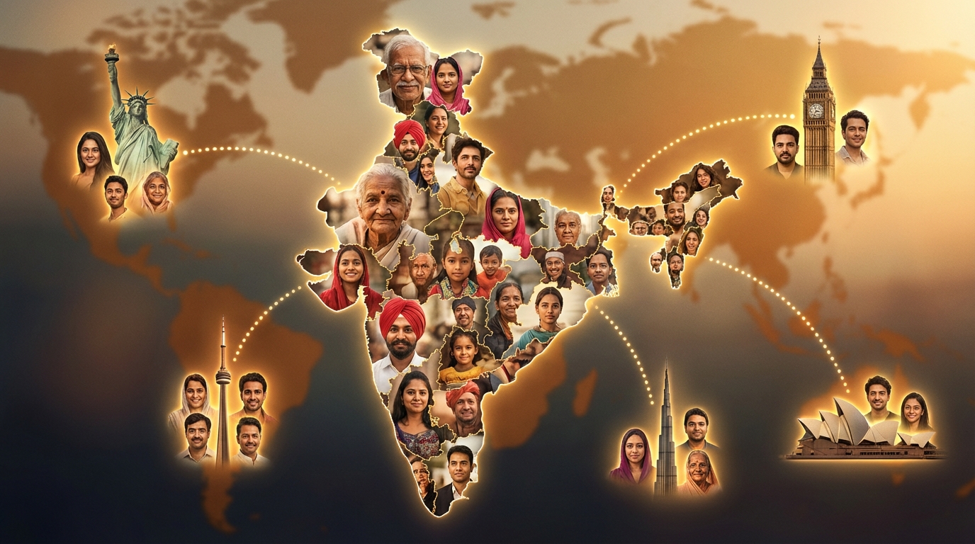 Diverse Indian faces forming the outline of India, with diaspora connections spanning the globe