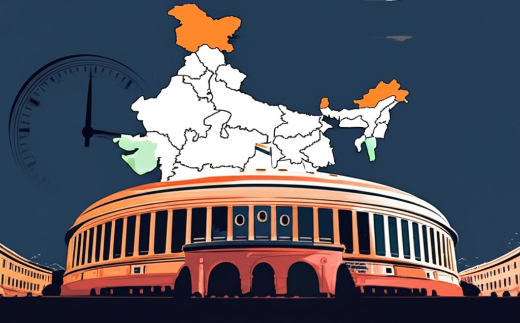 Indian Parliament building with map of India showing different states