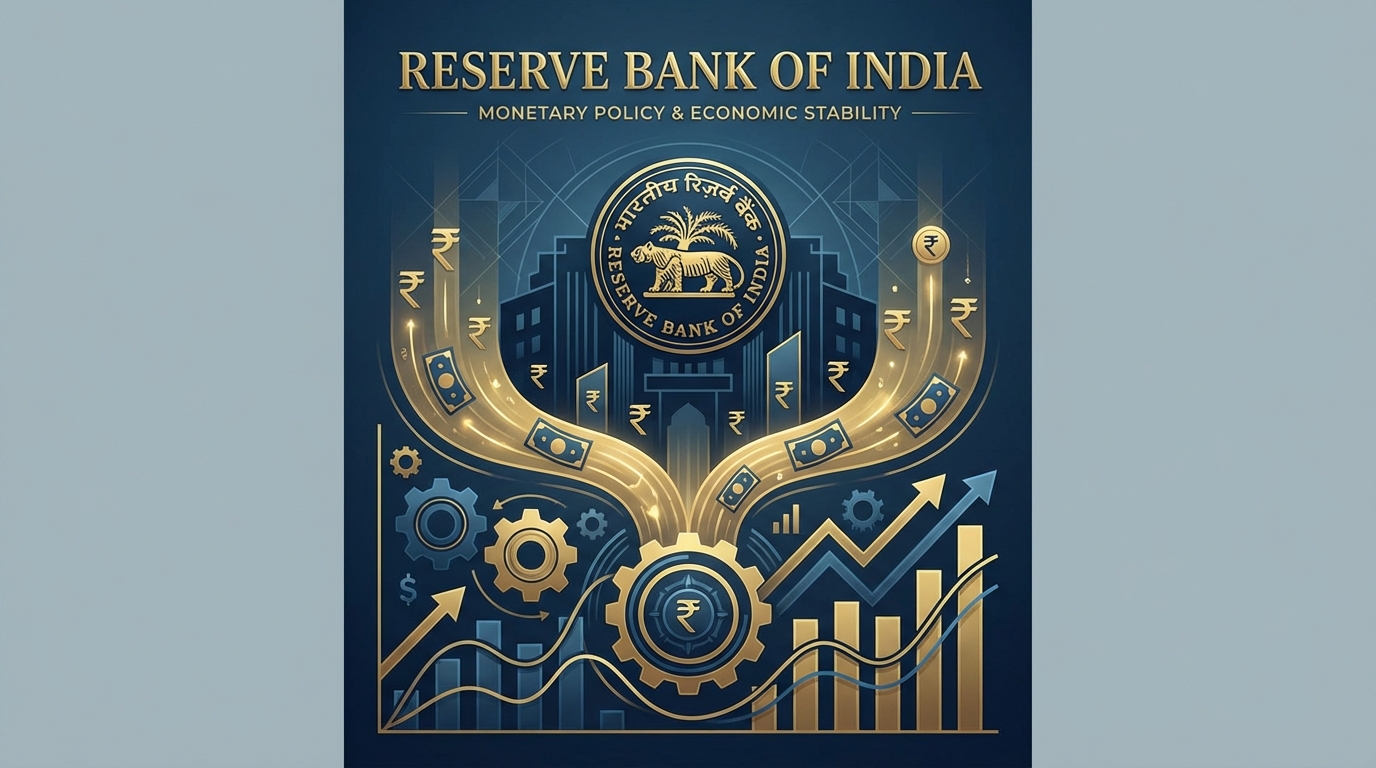 Reserve Bank of India building with currency and financial symbols