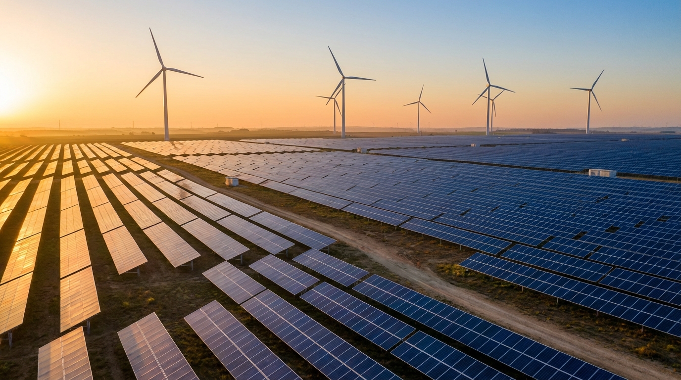 Solar panels and wind turbines representing the renewable energy breakthrough of 2025