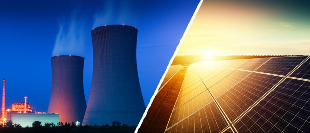 Split image showing nuclear cooling towers on one side and solar panels on the other, representing India's energy choices