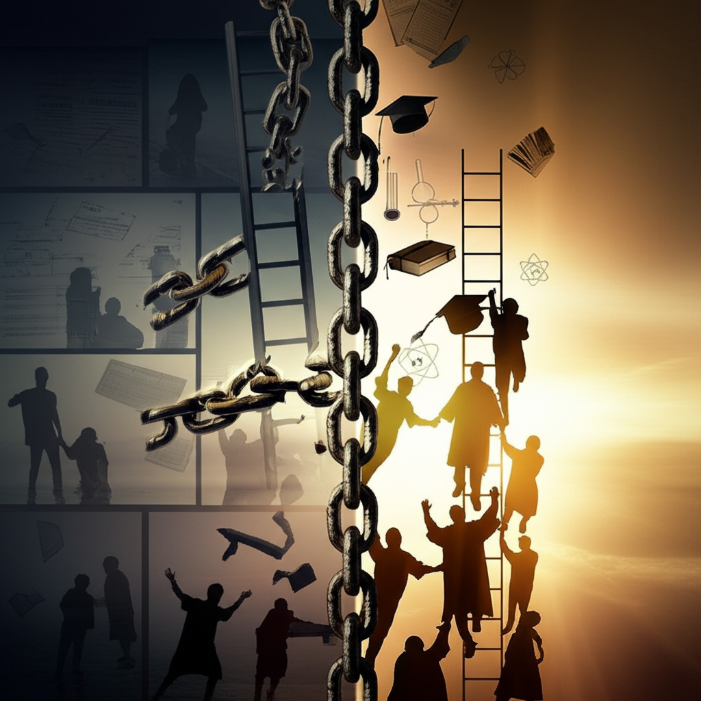 Broken chains transforming into a ladder of merit - symbolizing India's path from caste division to equal opportunity