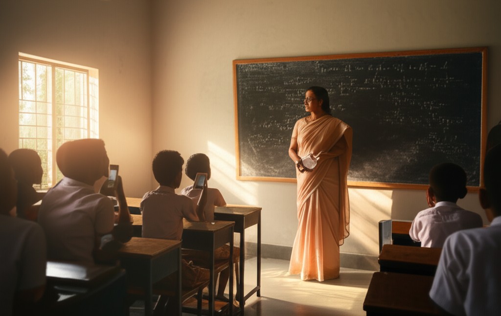 Indian teacher at blackboard with students in rural classroom, morning light streaming through windows