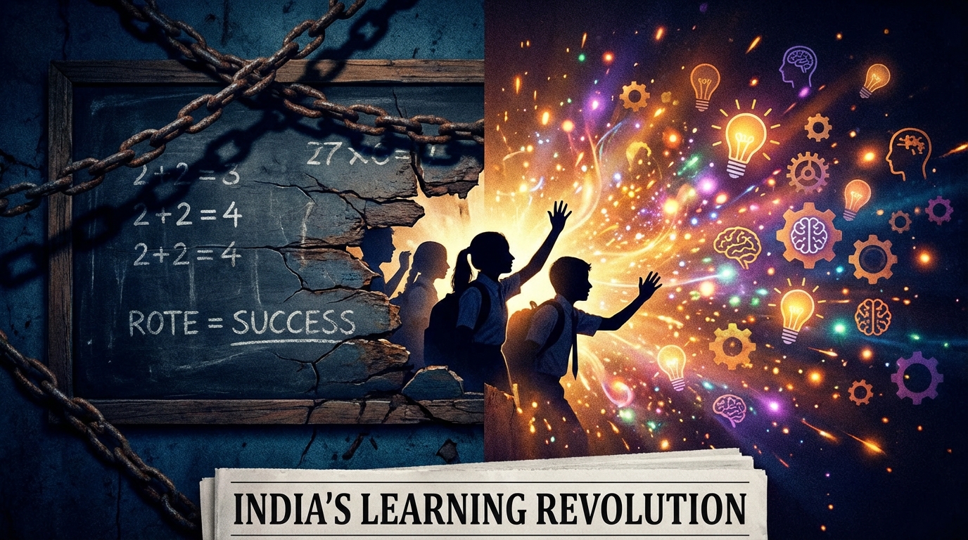 A cracked blackboard with mathematical equations transforming into creative sparks and innovation symbols