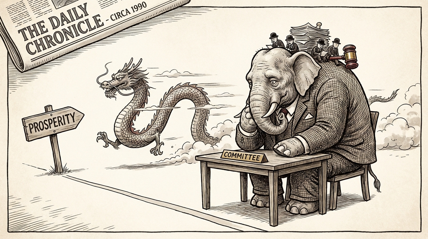An elephant and dragon at a starting line, editorial cartoon style