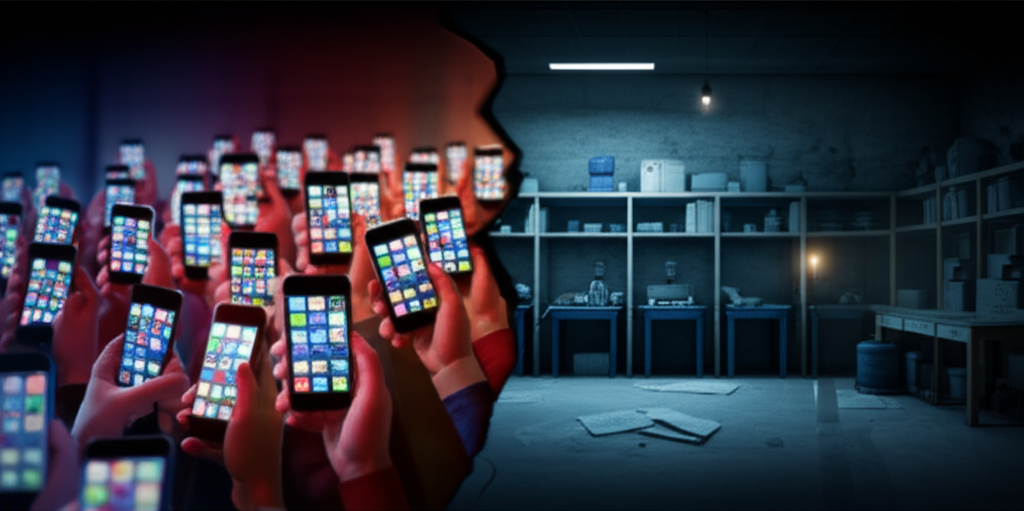 Split image showing Indian consumers with smartphones on one side and empty factory floors on the other