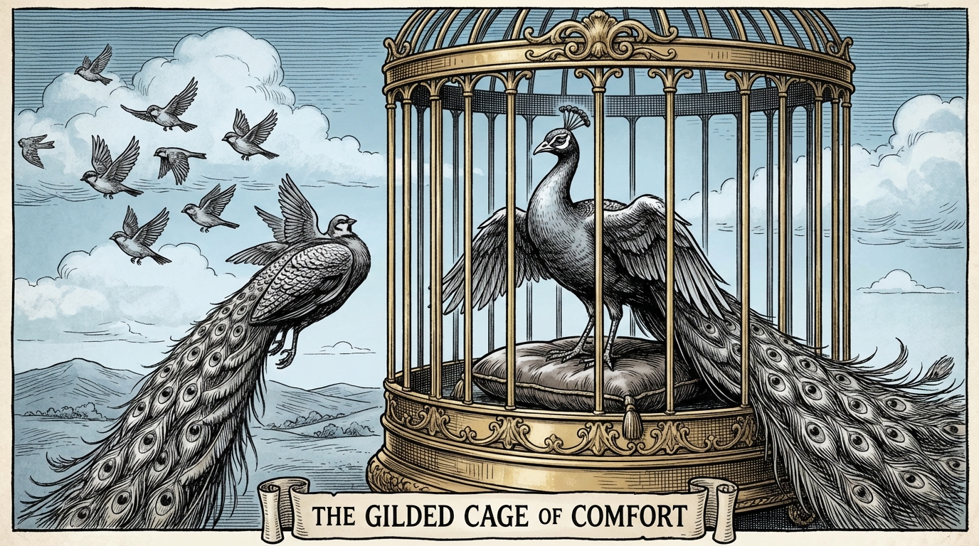 A peacock sitting in a gilded cage while sparrows fly freely outside
