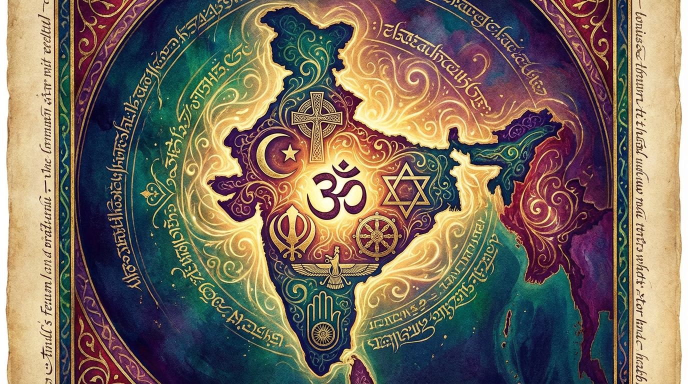 Diverse religious symbols - Om, Cross, Crescent, Star of David, Khanda, Ahura Mazda - united within the outline of India