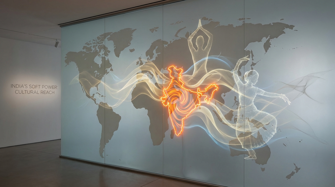 Symbolic image showing Indian cultural symbols like yoga and Bollywood reaching globally but fading at the edges