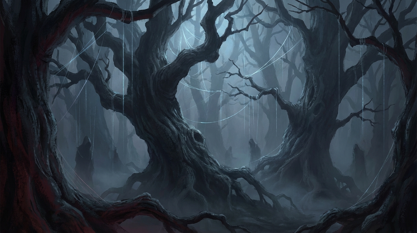 Dark misty forest with puppet strings hanging from gnarled trees