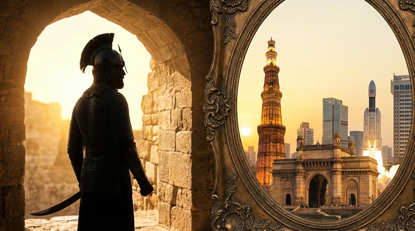 Ancient Indian warrior silhouette against a mirror reflecting modern India skyline