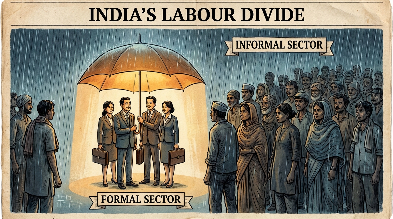A protective umbrella covering a small group of workers while the majority stand in the rain outside
