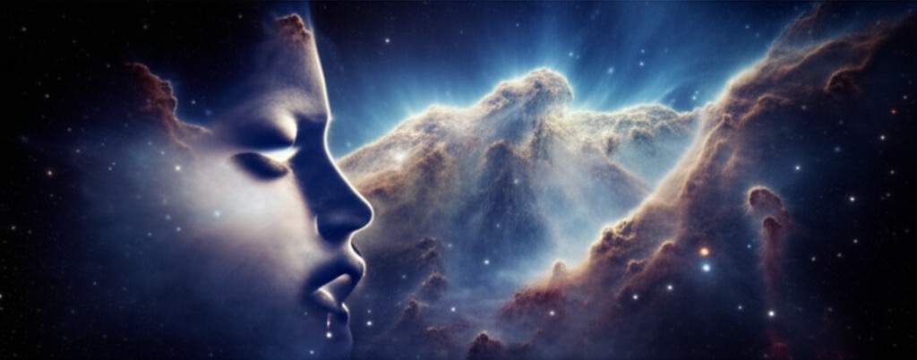 Abstract cosmic visualization showing stardust forming into the shape of a contemplative eye against deep space