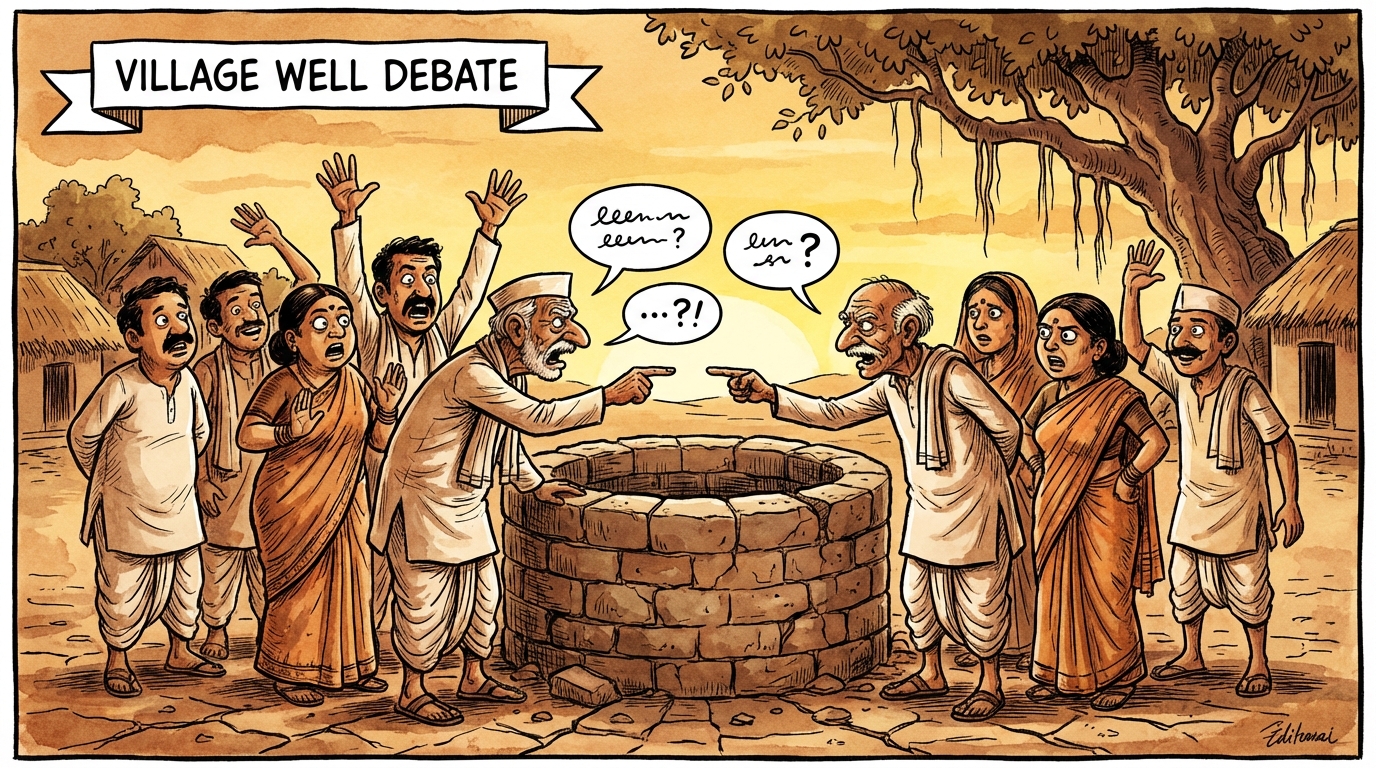 Villagers gathered around a drying well, arguing with animated gestures