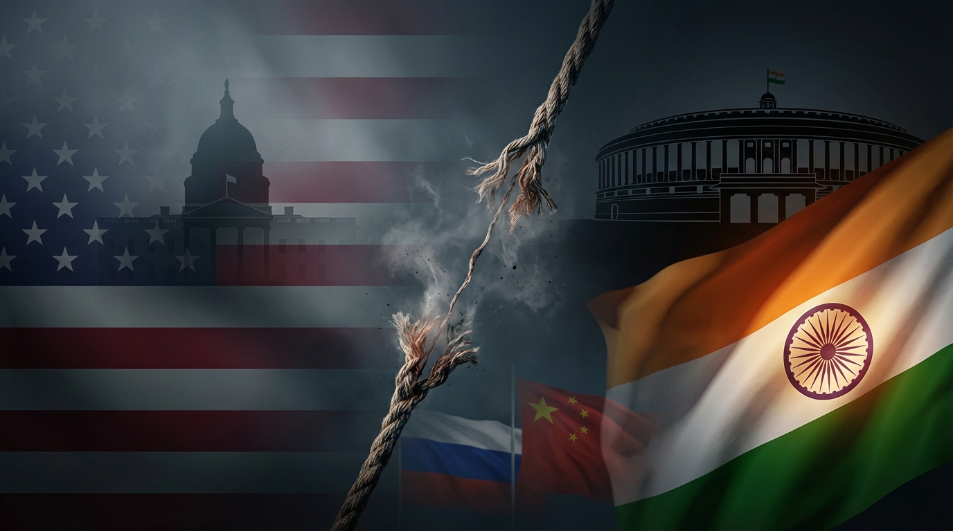 Editorial illustration showing rupture between US and India - American colors fading while Indian tricolor stands firm