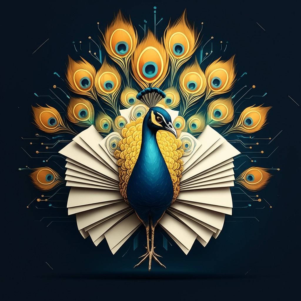 Peacock with digital news elements representing modern Indian journalism