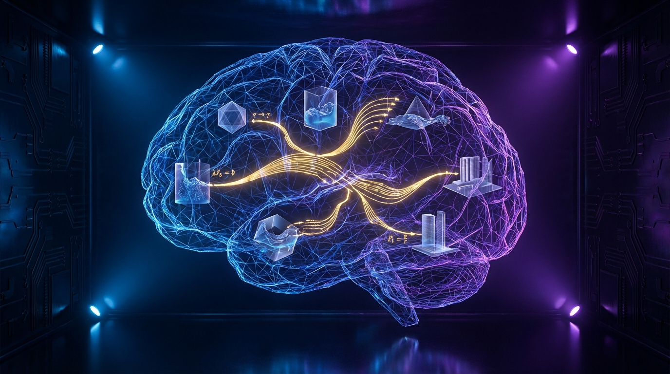 Abstract visualization of AI neural networks forming a 3D world simulation