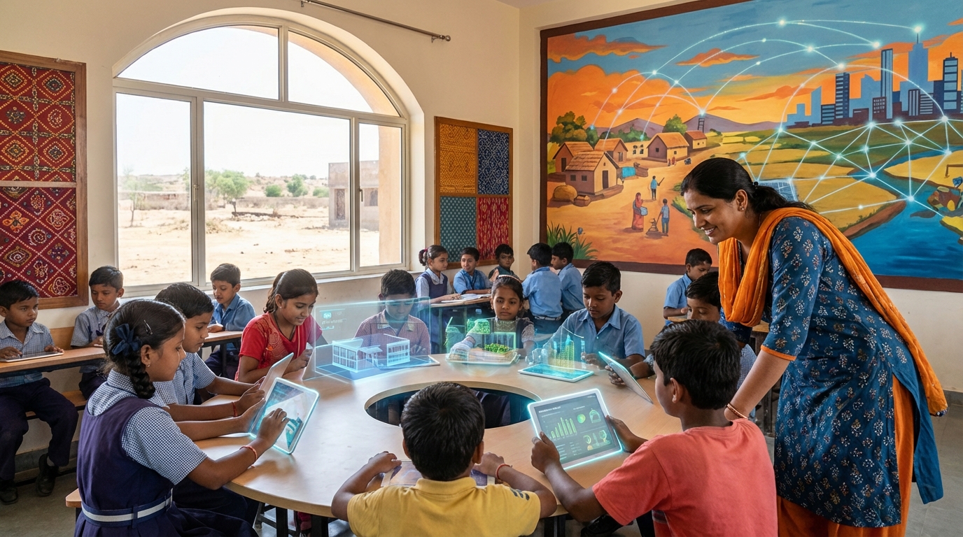AI-powered classroom in India - student with tablet and holographic teacher
