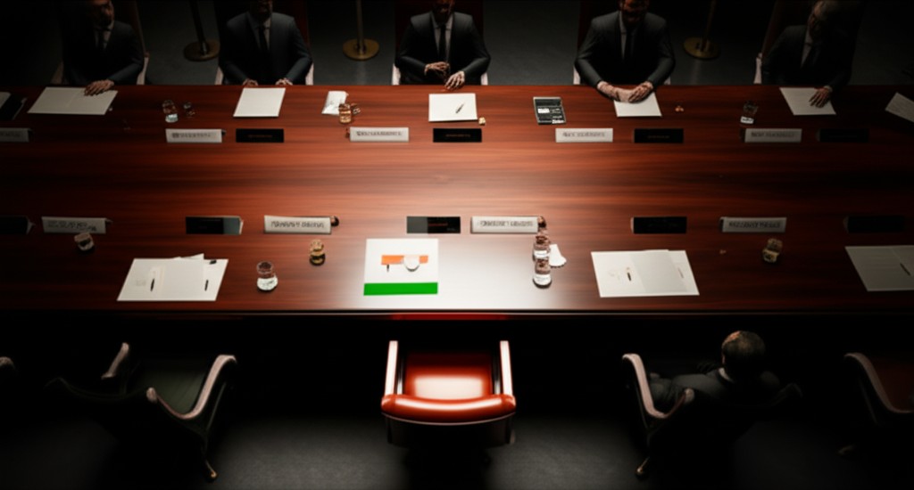 Empty chair at diplomatic table representing India's absence from Board of Peace