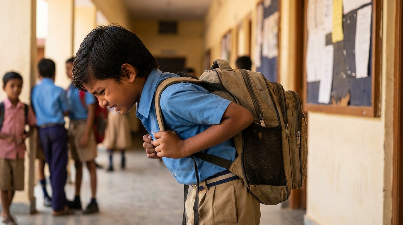 Indian school child struggling with heavy backpack