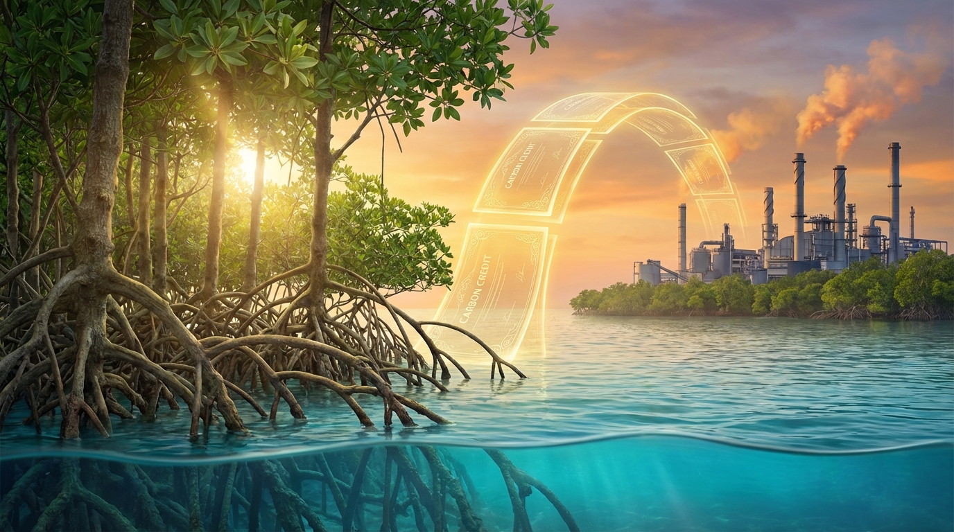 Mangrove forest with industrial smokestacks in background, representing carbon sequestration opportunity
