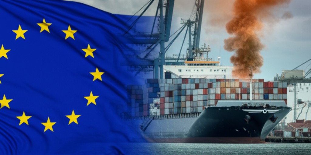 Container ship loaded with steel at port, with EU flag and carbon emissions overlay