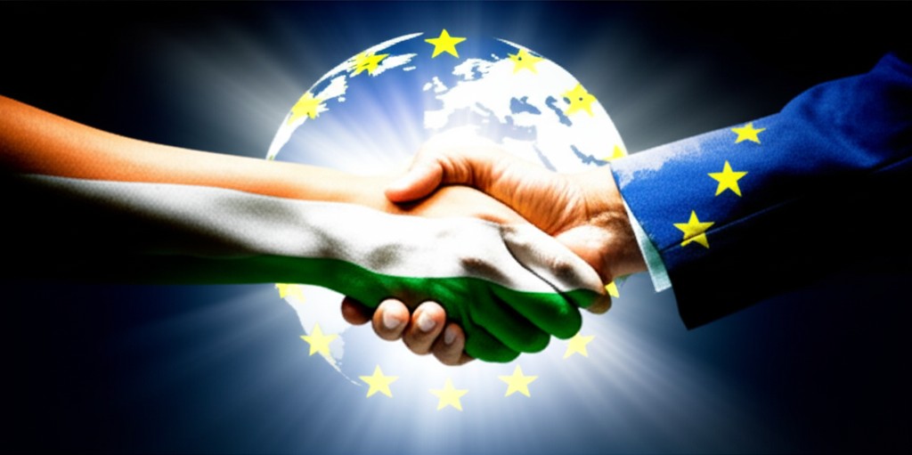 Modi, Von der Leyen, and Costa shaking hands at India-EU Summit
