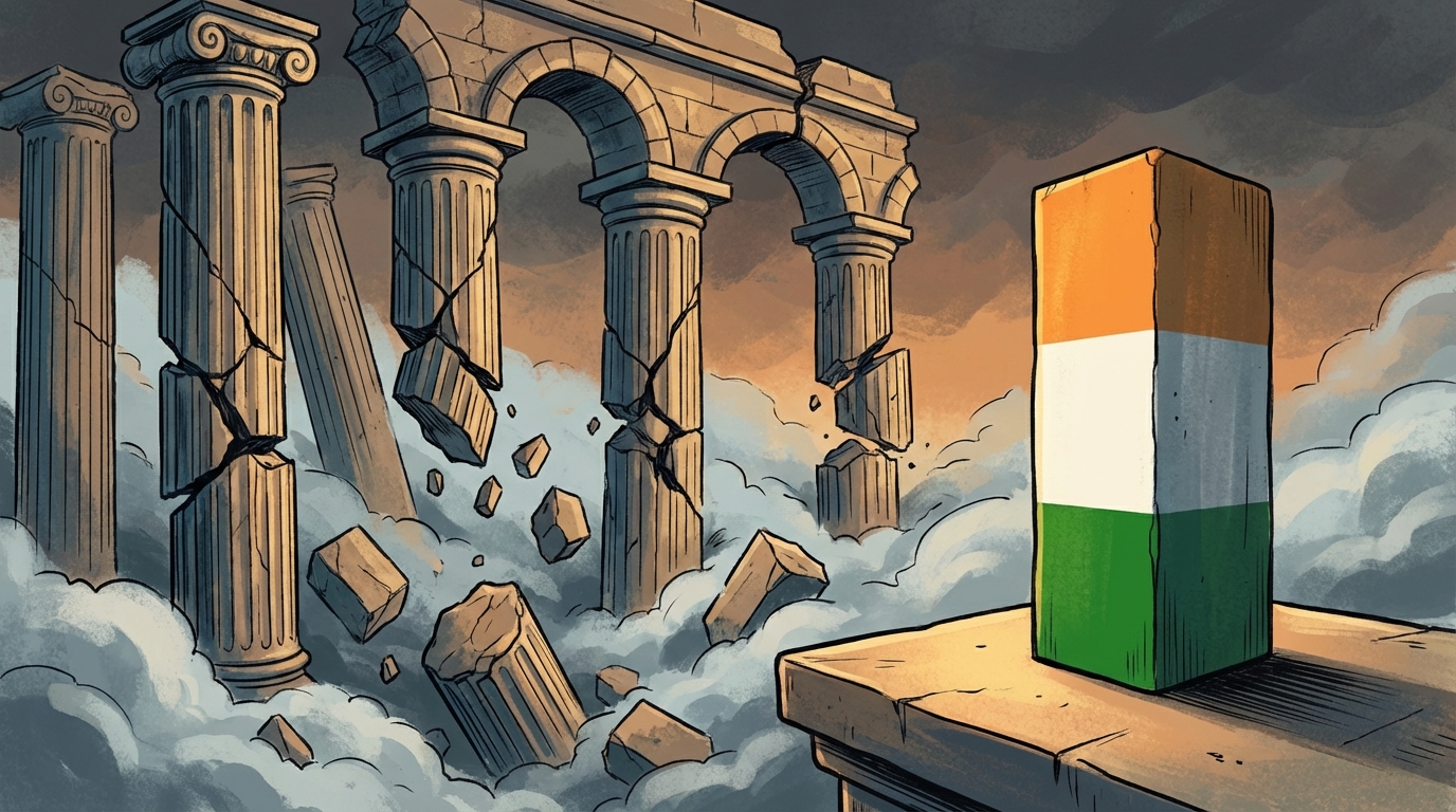 Crumbling pillars of international order with India standing firm - symbolizing the vindication of strategic autonomy